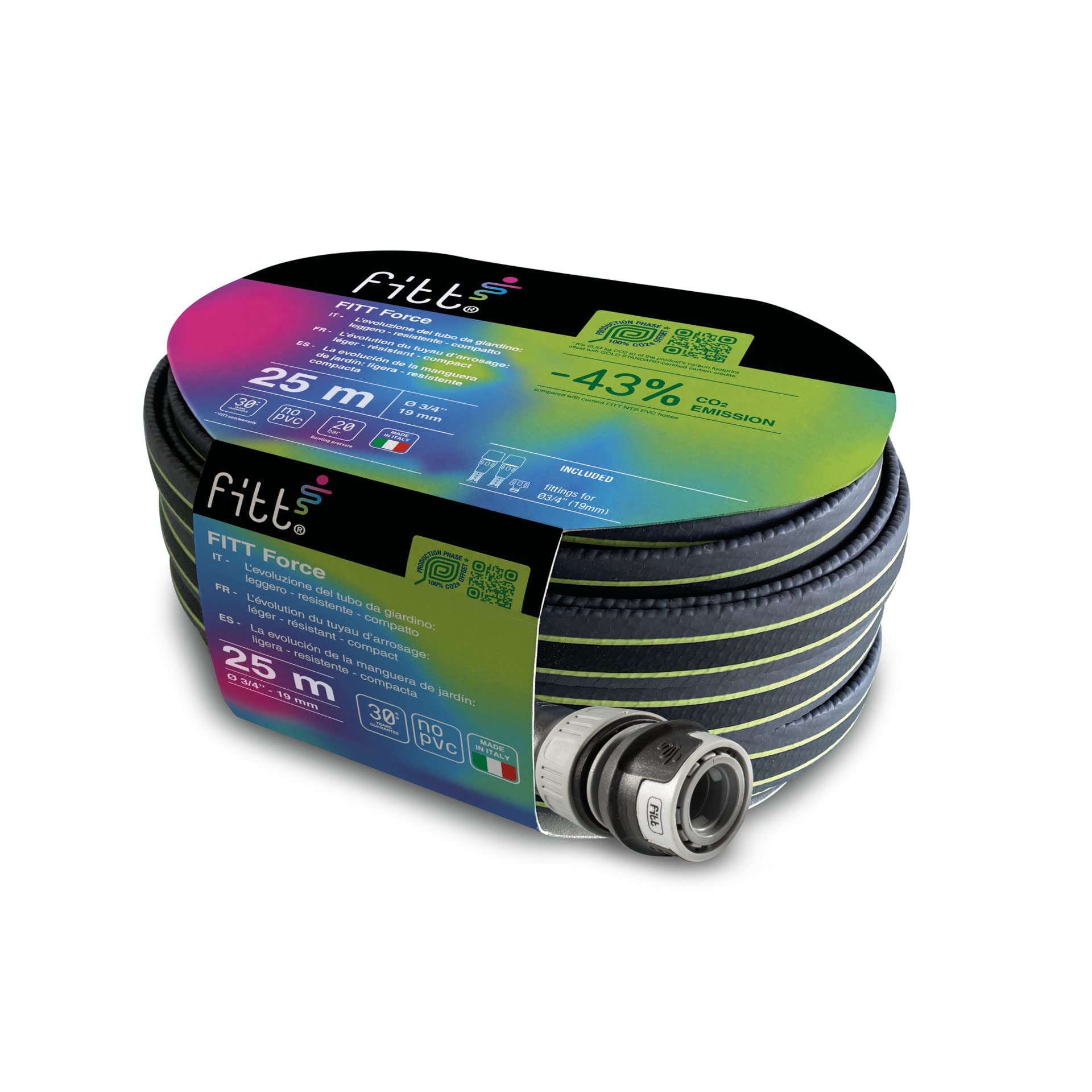 FITT FORCE 3/4" 25 m, Tuyau d'arrosage pour Jardin, Léger, Résistant et Compact, pour Usage intensif, couleur Gris-Lime, -43% CO2e