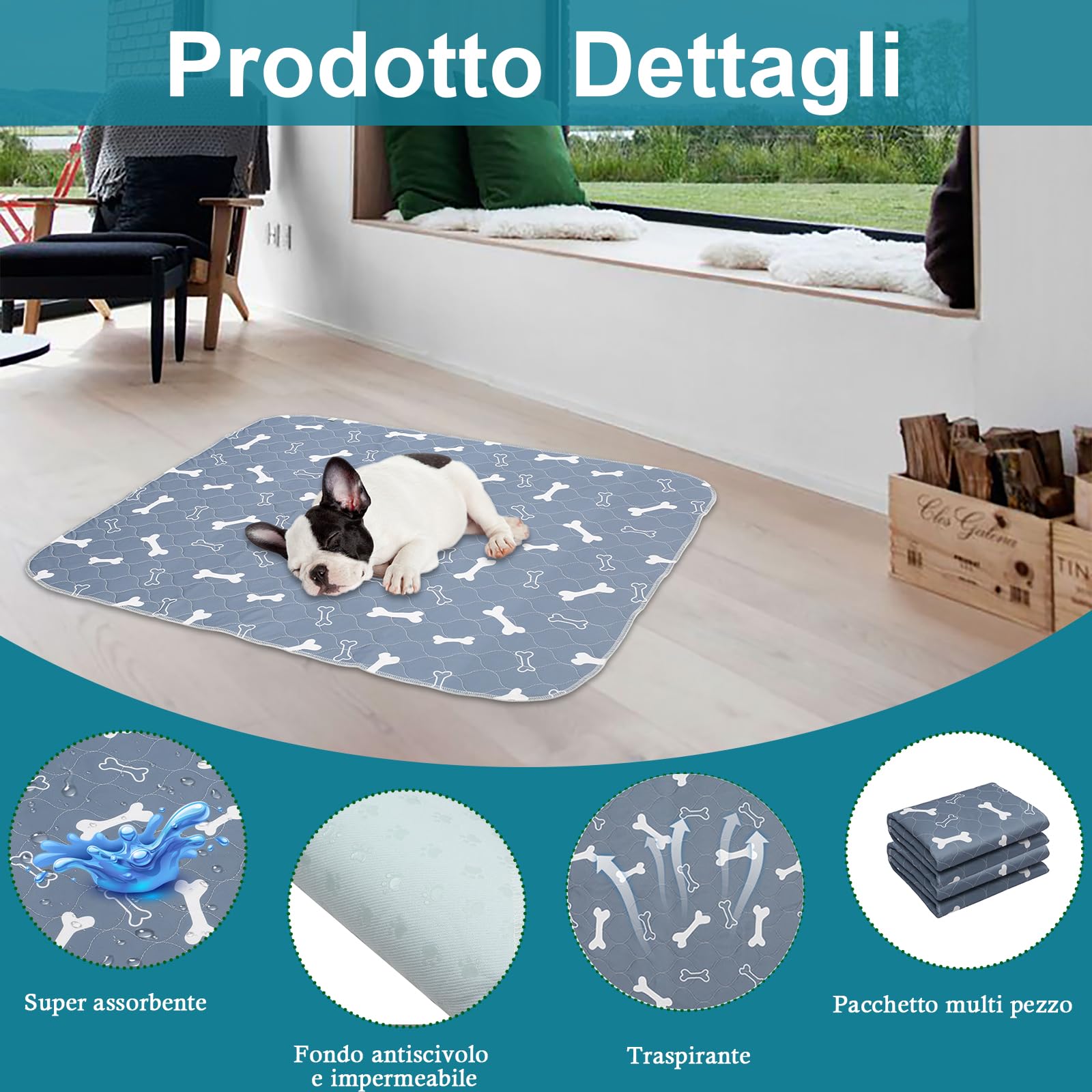 Geyecete-4 Pezzi 60 * 45cm Lavabili Traversine Cani,Riutilizzabili Tappetini igienici per Cani,Traversine Cane Assorbenti,Impermeabile Tappetini per Cane,Cuccioli,Gattini,Porcellini d'India-Grigio