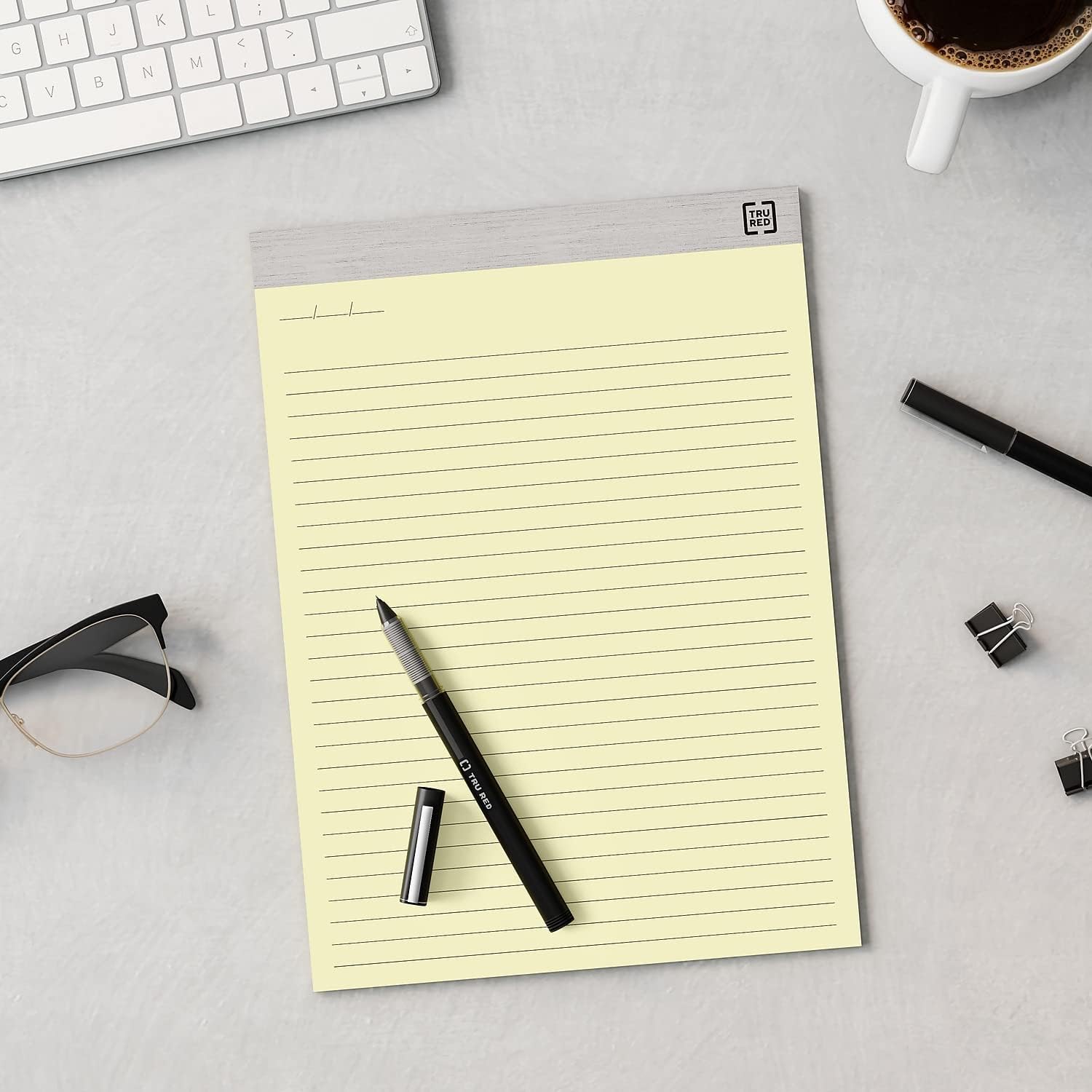 TRU RED Notepads, 8.5” x 11.75”, Wide Ruled, Canary, 50 Sheets/Pad, 12‑Pack