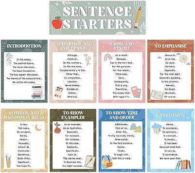 Dunzoom 9 Pieces Sentence Starters Posters Descriptive Vocabulary Classroom Educational Posters English Grammar Chart Bulletin Board Decoration for Middle High School ClassroomNeutral Tone Style