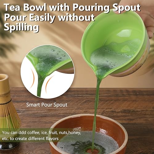 Miniatura 5 de Juego de batidor de matcha, batidor de bambú Chasen, cuenco de matcha verde con boquilla, cuchara de chashaku, tamiz, batidor de matcha y soporte