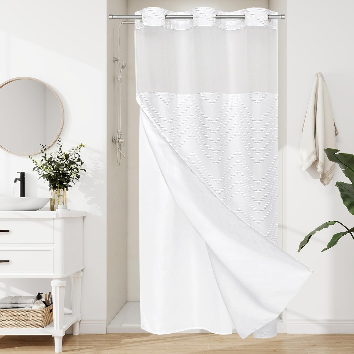 No Hooks Extra Long Shower Curtain with Snap-in Liner, Light Pink Fabric Tufted Striped Textured Large Modern Farmhouse Shower Curtain for Bathroom, 72 x 86