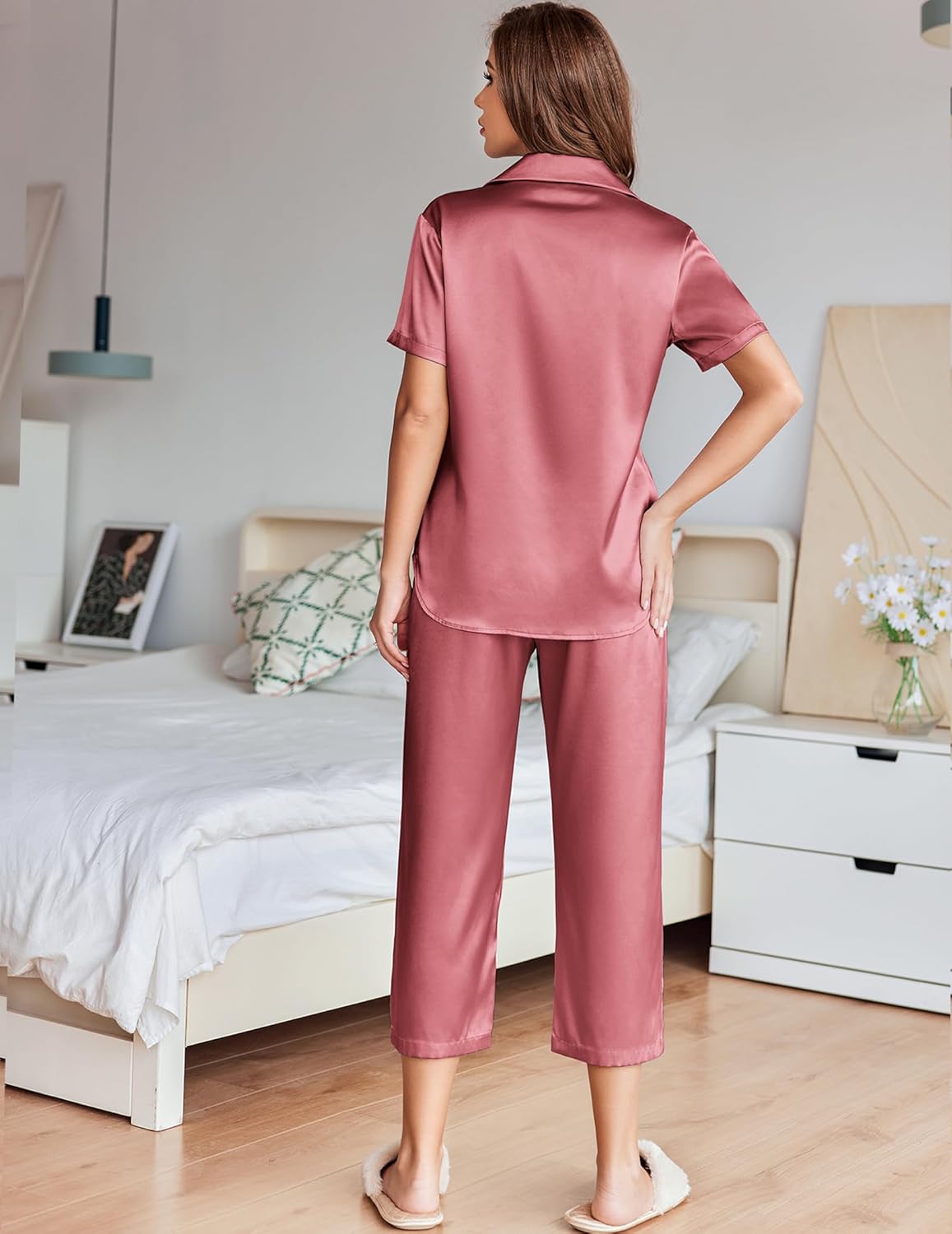 Ekouaer Womens Satin Pajamas Silk Capri Pjs 2 Piece Lounge Sets Short Sleeve Button Down Sleepwear - Image 5