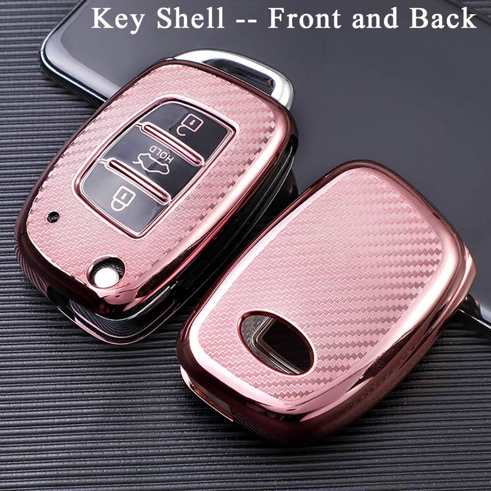SANRILY Flip Remote Key Cover for Hyundai Verna Keyless Key Holder Soft TPU Full Protection Carbon Fiber Pattern Key Case with Keychain Pink