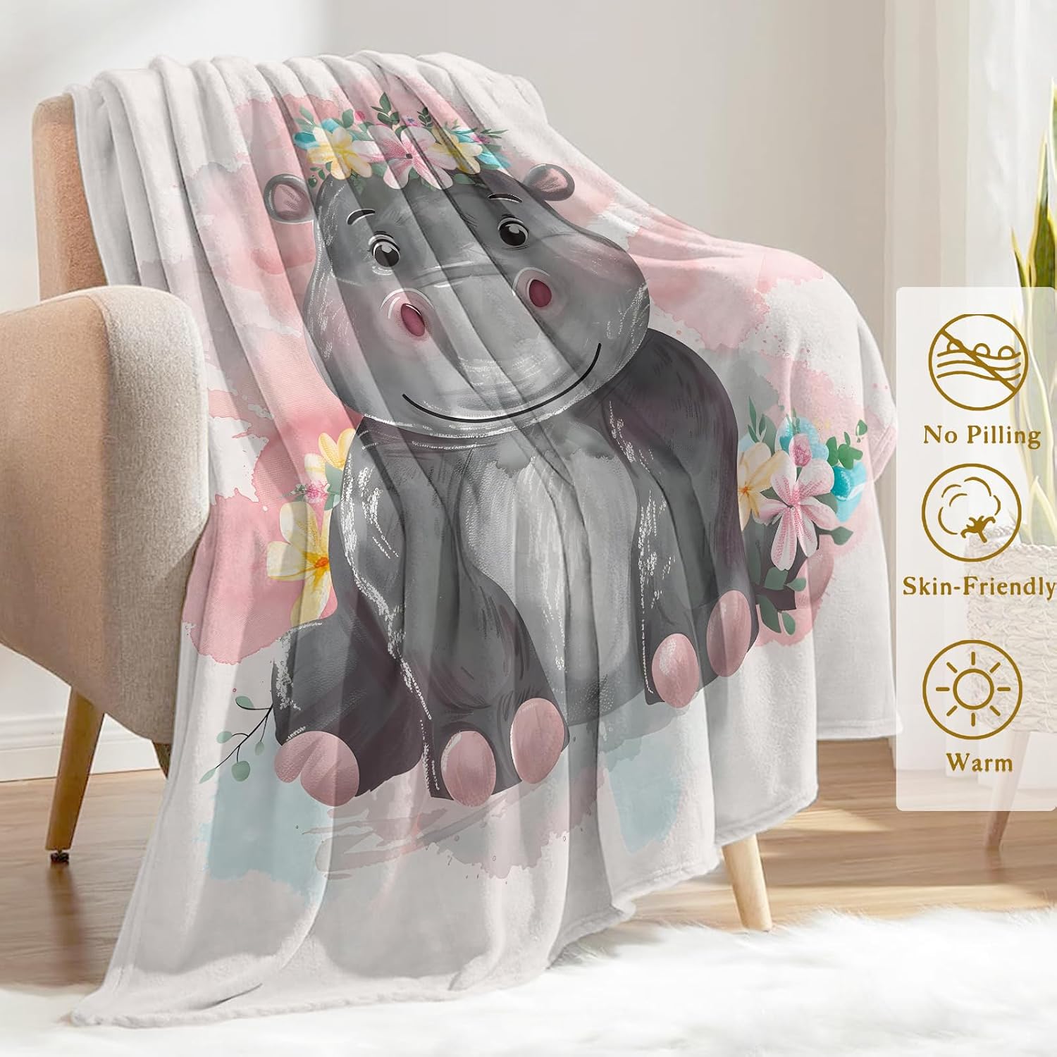 Cute Hippo Flannel Blanket - Adorable Cartoon Animal with Pastel Pink Color Throw - Lightweight Soft Cozy Gifts Blankets for Kids Adult,Modern Decor,Home Room Accent 50x60in