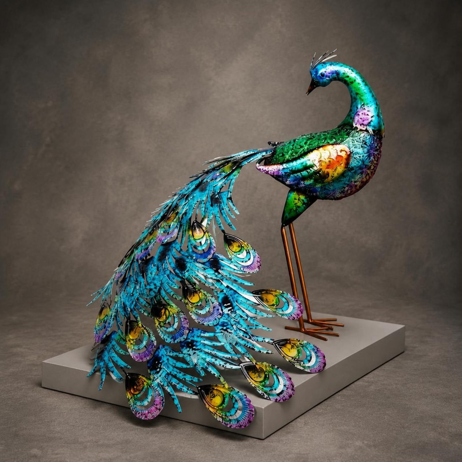 Estatua de Decorativa Figura Escultura Adorno Ornamento Metálico con Diseño Llamativo y Efecto Acogedor Adecuada para, Pavo Real De Cola Grande con Cabeza Recta — Sin Luz — 49.5 45.5 48cm