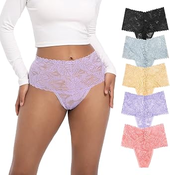 High Waisted Lace Thongs Panties For Women Plus Size Retro Thong High Rise Lacy Underwear Pack 5 Size S-4XL