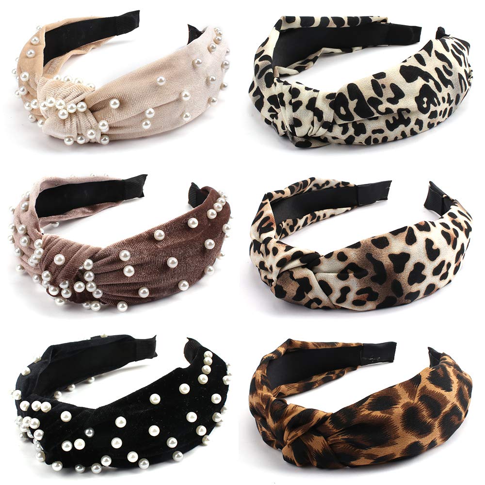 Jaciya 6 Pack Velvet Wide Headbands Knot Leopard Headbands Turban Hairband Vintage Head wrap with Faux Pearl Elastic Hair Hoops Fashion Hair Accessories for Women and Girls, Great gift