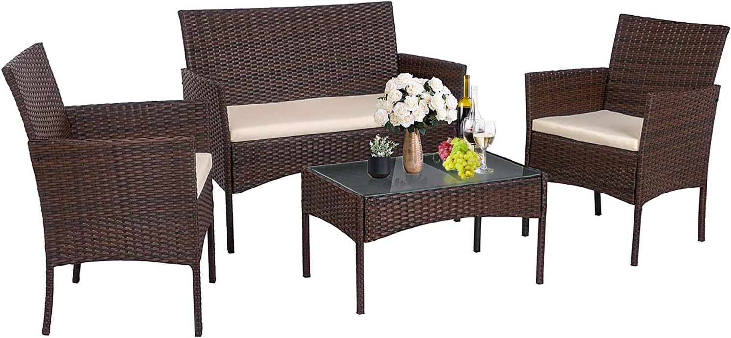 Outdoor Patio Furniture Sets 4 Pieces Patio Set Rattan Chair Wicker Sofa Conversation Set Patio Chair Wicker Set with Table Backyard Lawn Porch Garden Poolside Balcony Furniture (Brown)