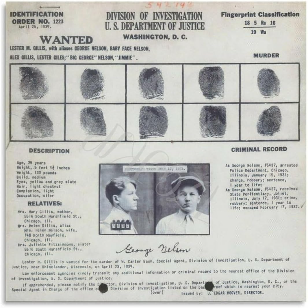 DFSUYZ Baby Face Nelson Wanted Poster American Robber Vintage Portrait Wall Art Poster (2) Canvas Painting Posters And Prints Wall Art for Living Room Bedroom Decor 12x12inch(30x30cm) Unframe-style