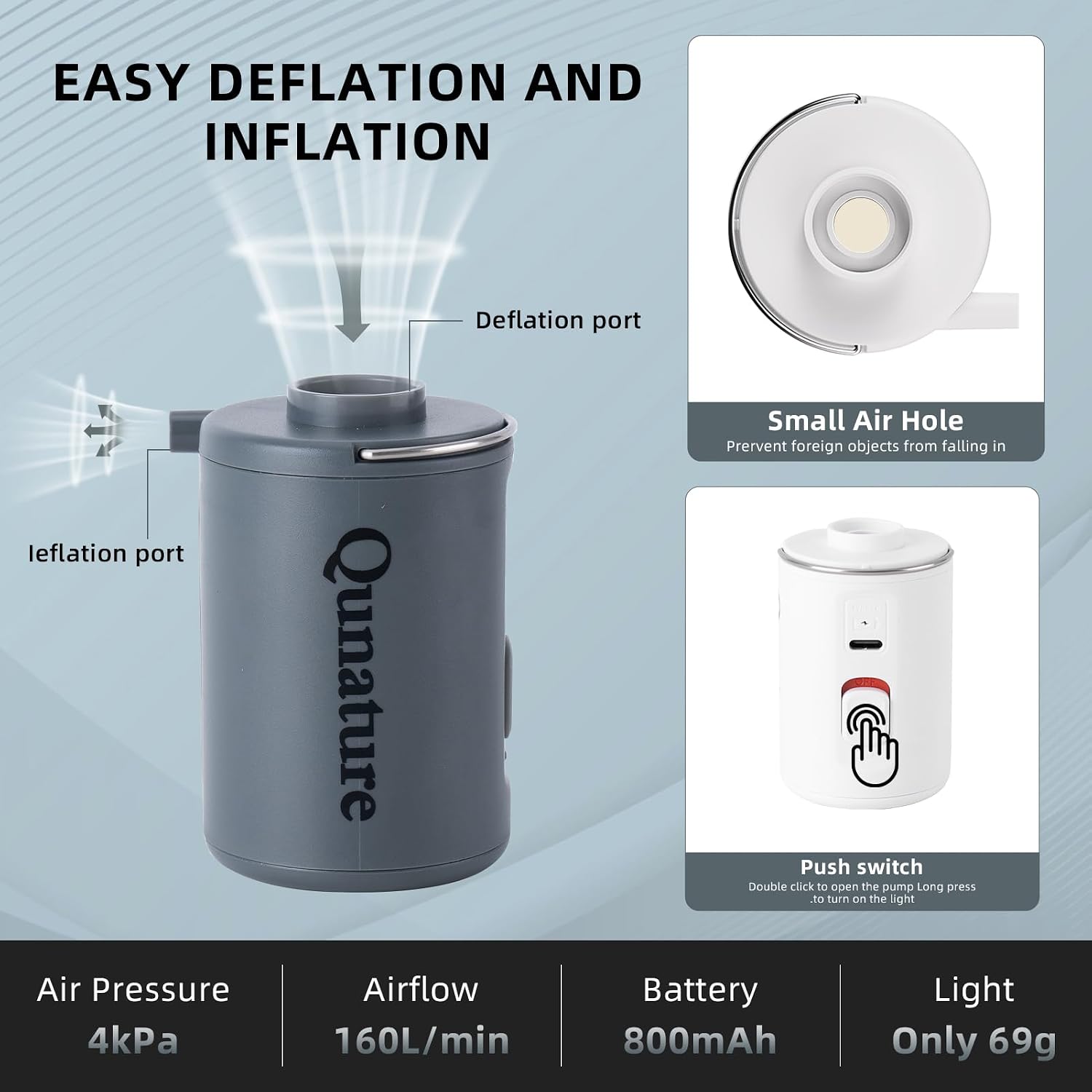 Portable Air Pump for Inflatables, 4KPa Mini Electric Rechargeable Pump, Quickly Inflate Deflate for Pool Floats, Swimming Rings, Air Mattress, Sleeping Pads, Vacuum Storage Bags 800mAh