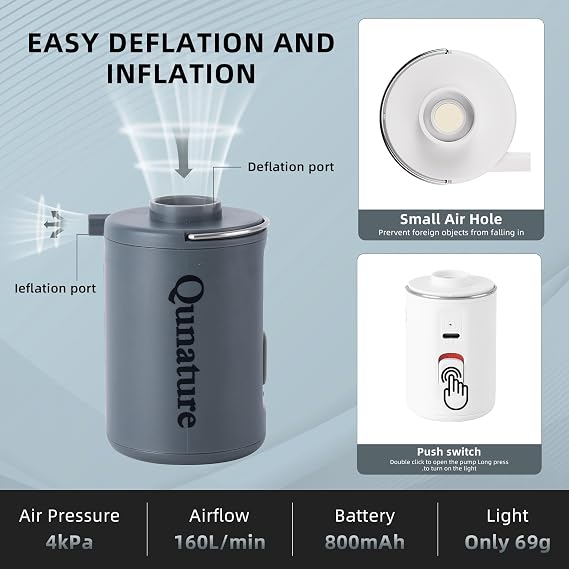 Portable Air Pump for Inflatables, 4KPa Mini Electric Rechargeable Pump, Quickly Inflate Deflate for Pool Floats, Swimming Rings, Air Mattress, Sleeping Pads, Vacuum Storage Bags 800mAh