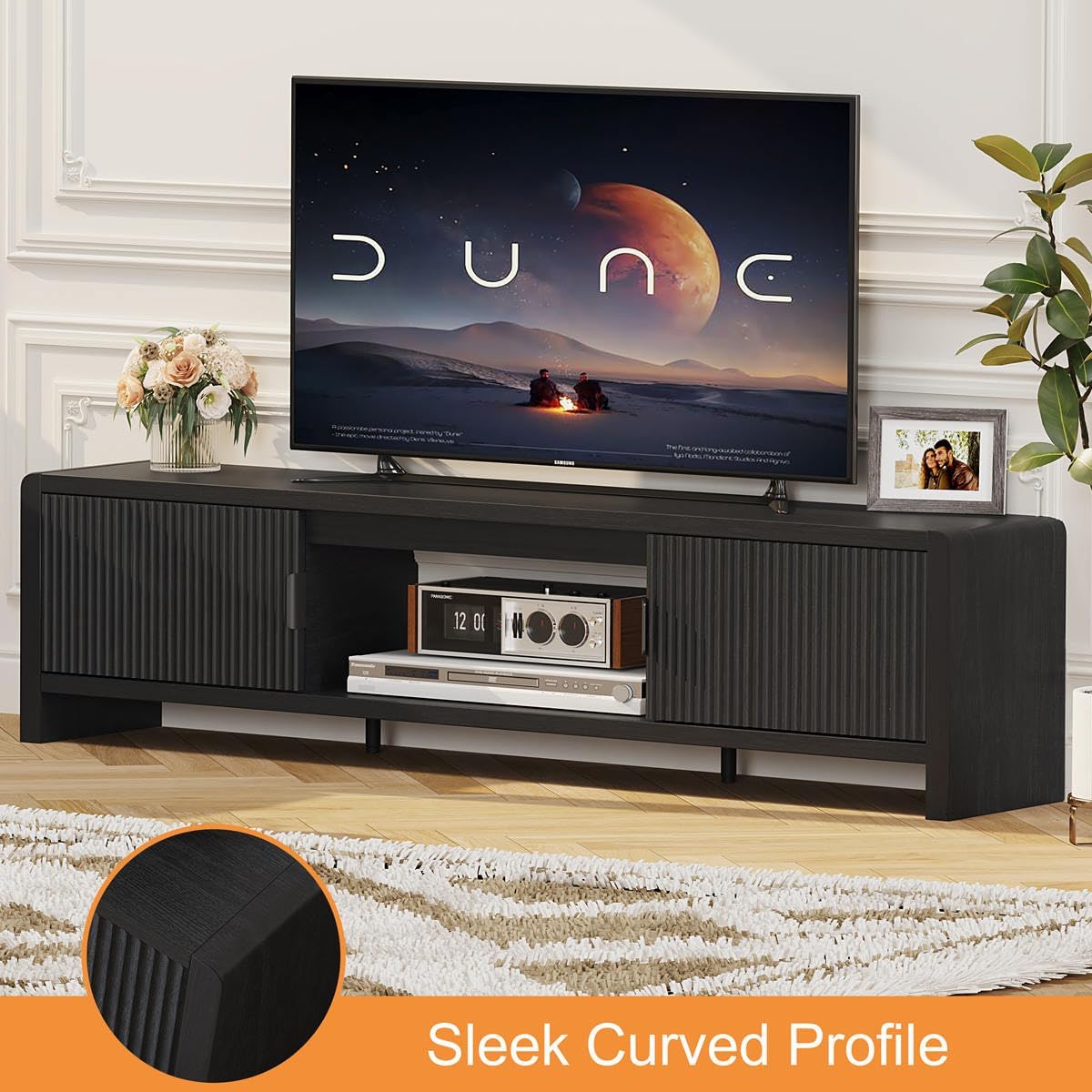 FATORRI TV Stand for 75/65/55 Inch TVs, Mid Century Modern Entertainment Center with Storage, Wooden Television Media Console Cabinet with Fluted-Door for Living Room, Bedroom (63 Inch W, Black) - Image 6