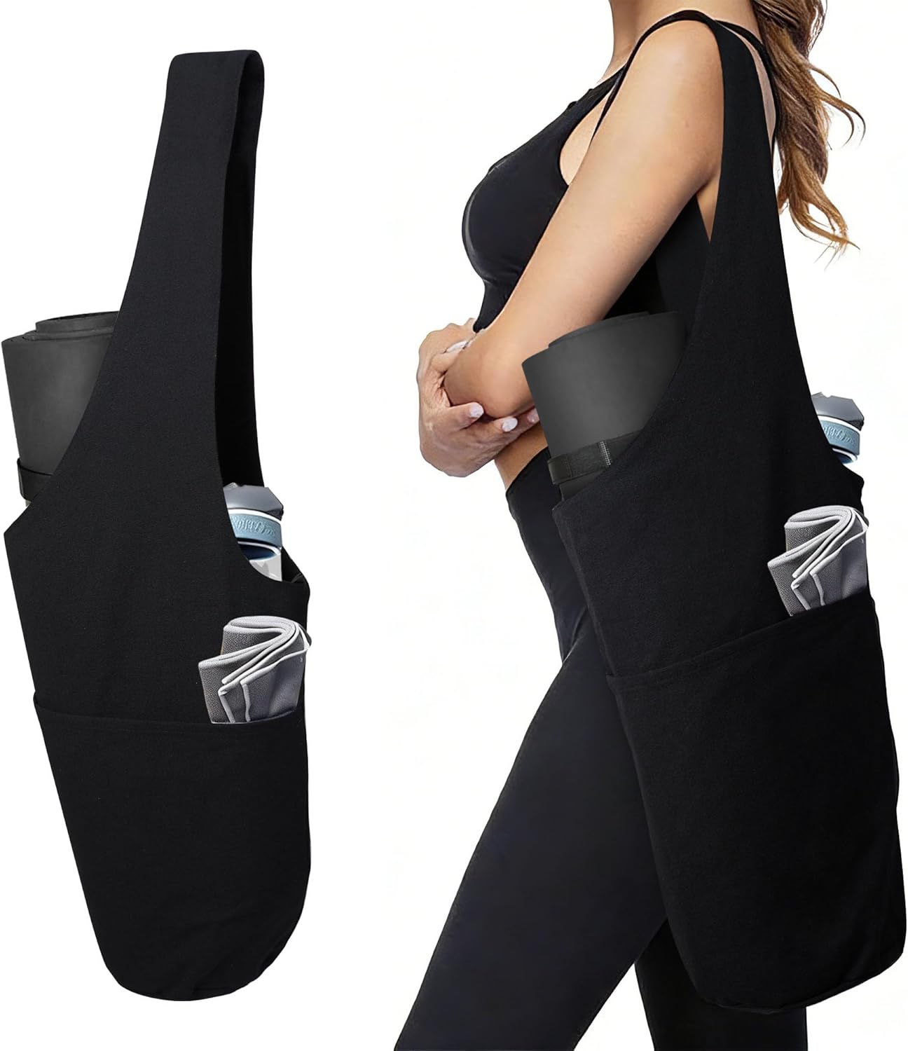 CosInStyle Heavy Duty Cotton Canvas Yoga Bag with Multi-Pocket Organizer, Large Capacity Gym Sports Bags, With 2 Bonus Mat Straps