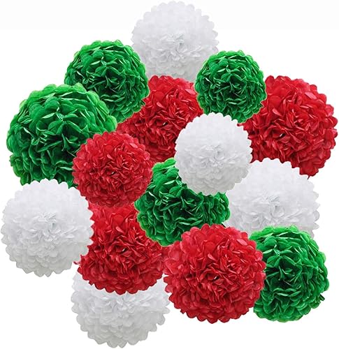 Pompones de papel rojo, verde y blanco, kit de decoración de fiesta, 21 piezas de flores de seda de 8, 10, 12 pulgadas para Navidad, graduación,