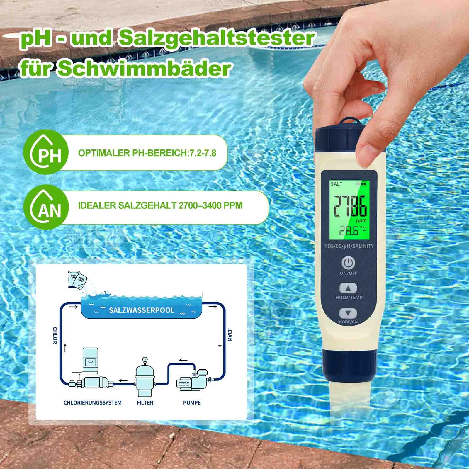 PH Messgerät Wasser 5 in 1 TDS EC Salzgehalt Thermometer LCD-Display Automatische Temperaturkompensation pH Tester Hochpräziser Wassertester