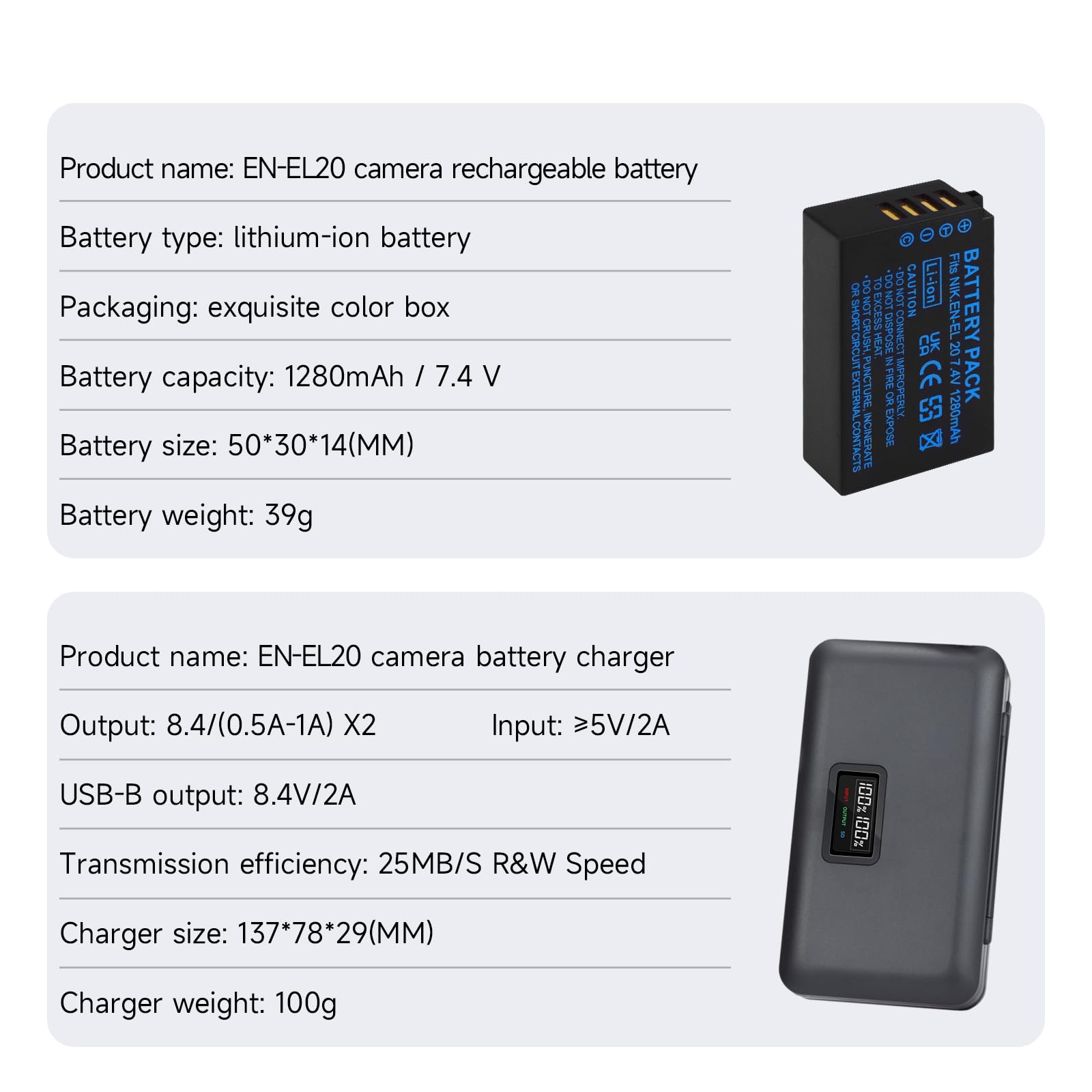 2 Baterías ENEL20 y Pantalla LCD Inteligente Cargador USB Dual para Nikon Coolpix P1000, Coolpix A, Coolpix P950, Coolpix P1100, Nikon 1 J1, 1 J2, 1 J3, 1 S1, 1 V3, DL24-500, 1 AW1