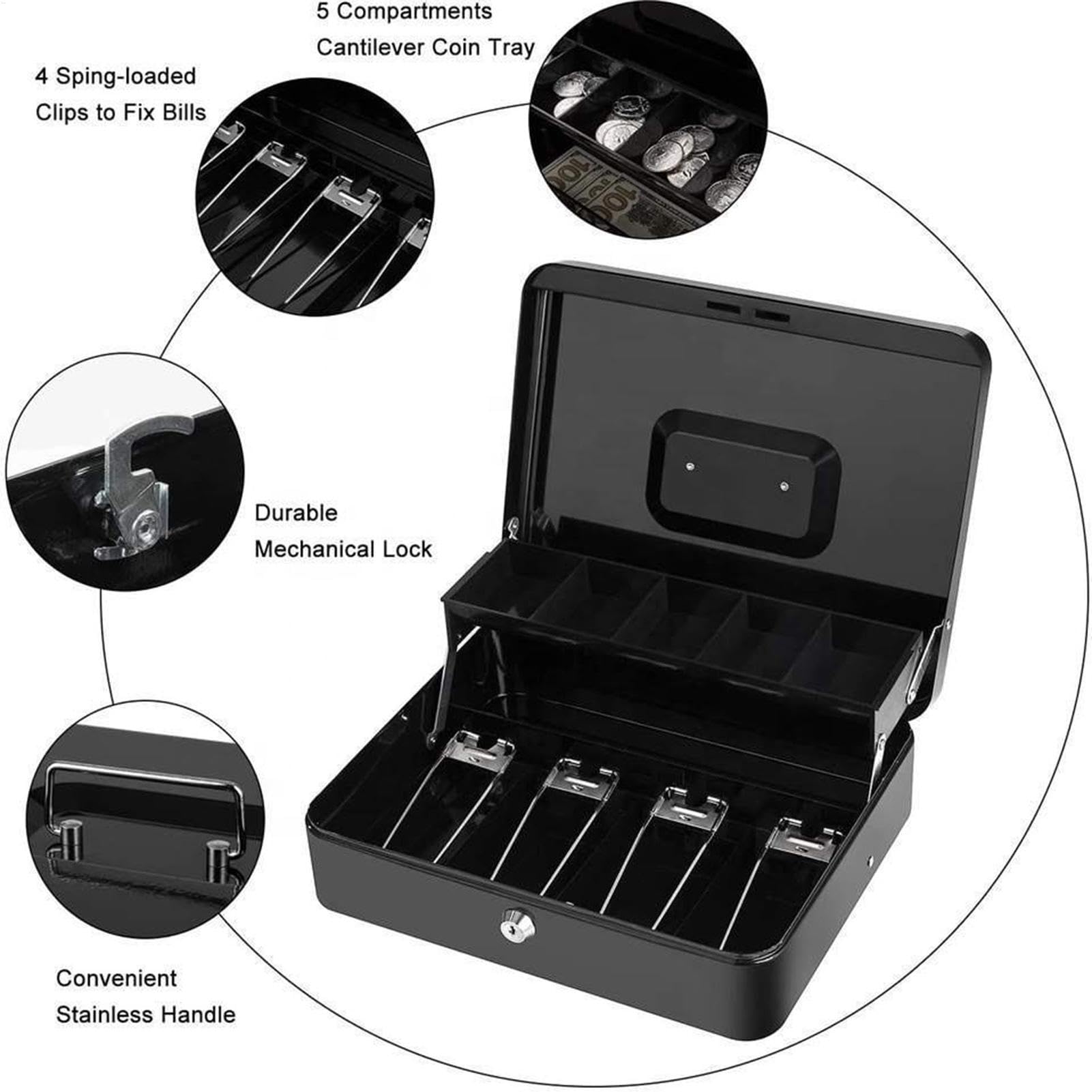 Cash Box - 4 scomparti per monete in metallo, con 5 scomparti per monete | in metallo, resistente e sicura per contanti, con scomparto per contanti, scatola di sicurezza portatile, cassetto di