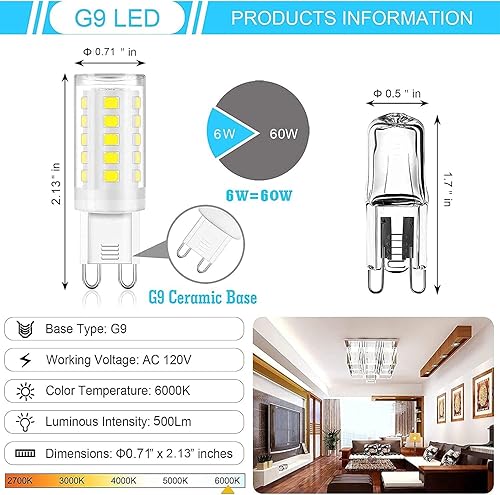 Miniatura 9 de Bombillas LED G9 regulables de 6 W (equivalente a bombilla halógena de 60 W), blanco cálido 3000 K, 110 V-130 V, 600 lm bi pin para iluminación del