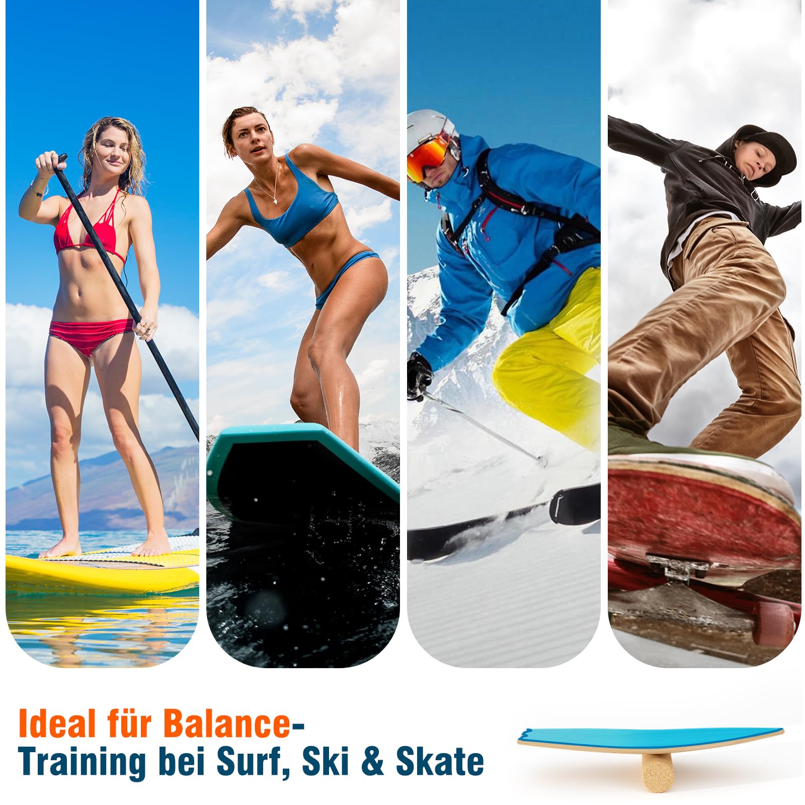 Vicye Balance Board Erwachsene & Surfing Balance Board Set – Holz Balanceboard mit Korkrolle, Halbkugel & Gummiball – Balance Trainer für Surfen, Snowboard, Skateboard – Rutschfeste Oberfläche