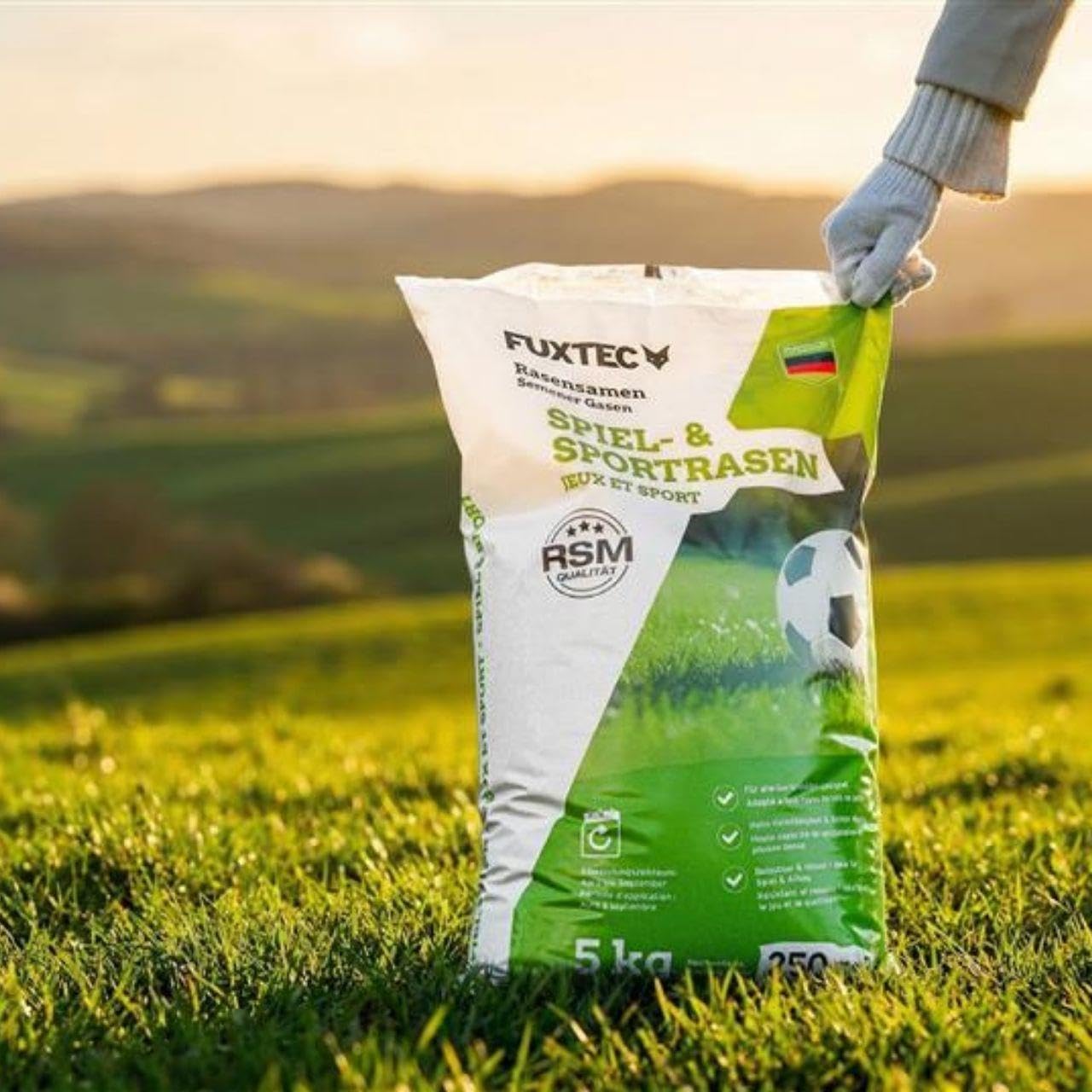FUXTEC FX-RSSP5 Graines de pelouse, gazon de jardin robuste pour semis neuf et ultérieur, grande capacité de germination, croissance dense, résistante et résistante à l'écrasement, 5 kg pour env. 250