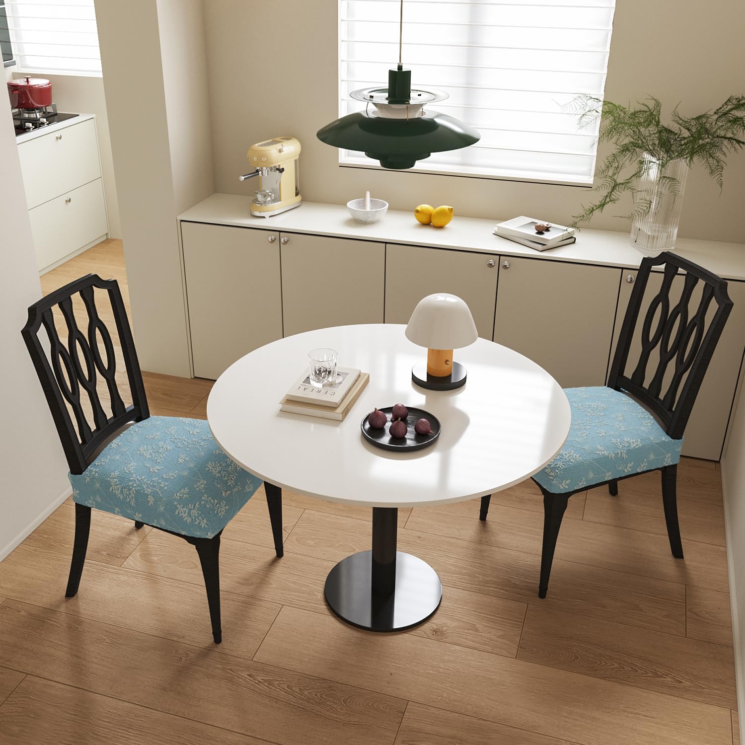 Lawalon Jacquard Dining Chair Seat Covers (Blue, Set of 2) – Stretch Cotton-Blend Slipcovers with Yarn-Dyed Floral Design, Thick Elastic Washable Seat Protectors for Kitchen or Dining Room Chairs