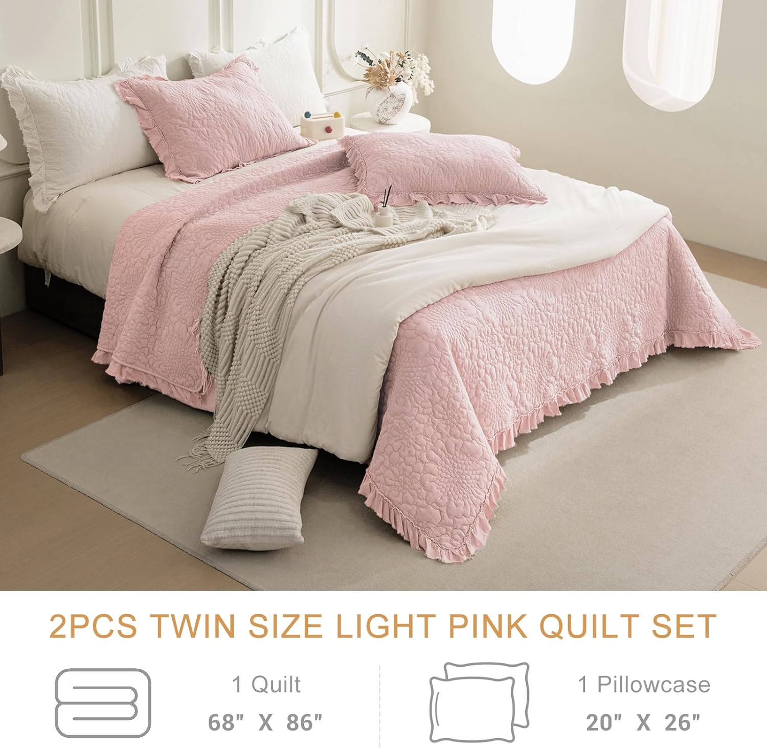 QSH 2PCs Blush Pink Ruffled Quilt Twin Size (68"x86"),Ultra Soft Stonewashed Cotton Quilt Set,Shabby Farmhouse Chic Lightweight Crinkled Bedspread Coverlet Bed Set Twin with Pillow Sham