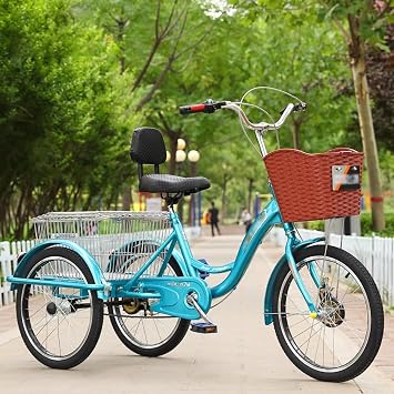 20IN Adult Tricycle Bike, Three-Wheeled Cruise Trike with Large Shopping Basket, 3 Wheel Cargo Tricycle for Seniors, 1 Speed Trike Rickshaw Bike for Adults with Removable Baskets