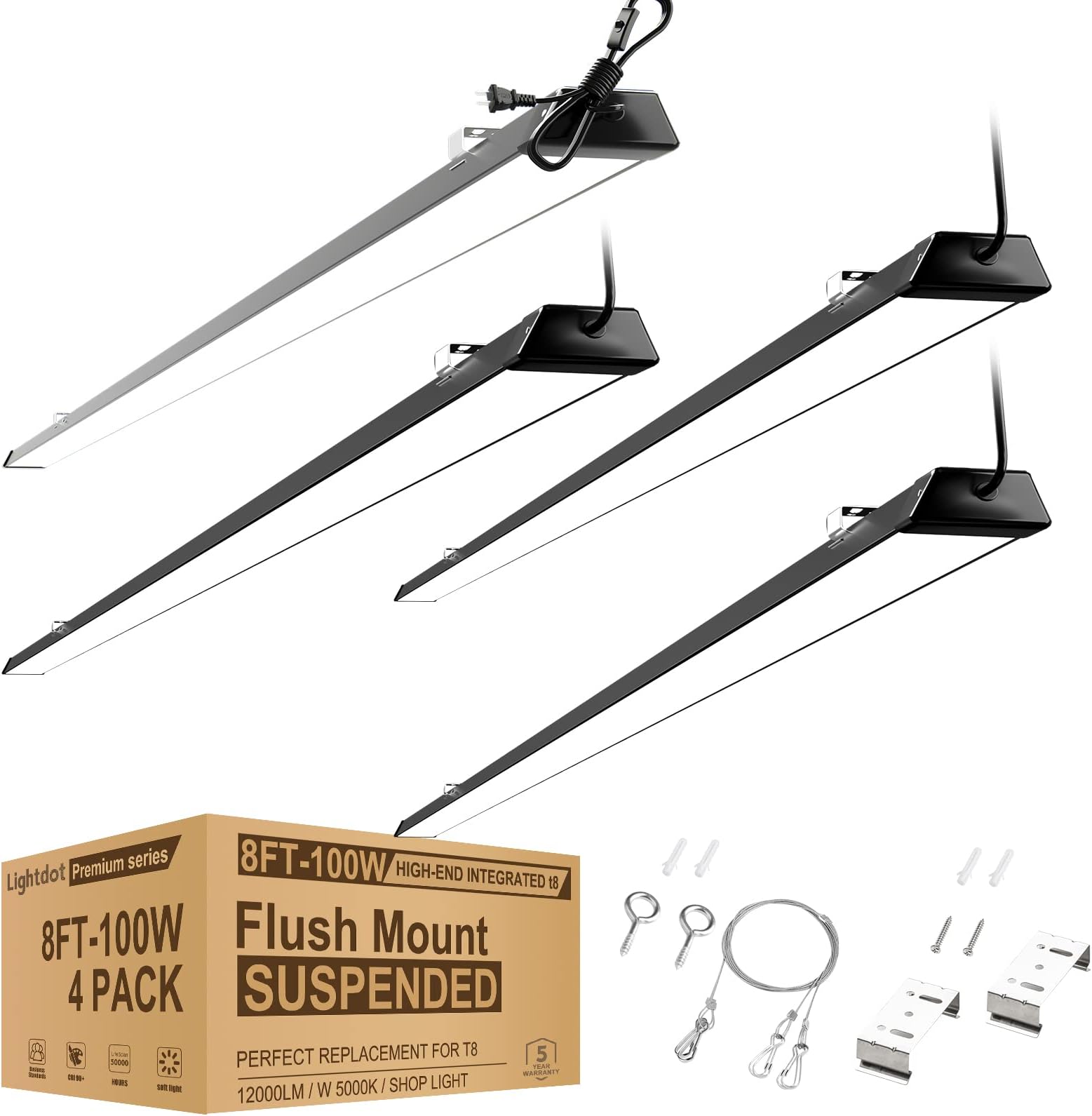 Compact Black 8FT LED Shop Light, 100W[Eqv. to 400W HPS/WH] LED Shop Light 8FT with 5FT Cord Switch Surface/Suspension Mount Commercial Lighting for Workshop Energy-Saving up to 3650W/5Y(5hrs/Day) 4P