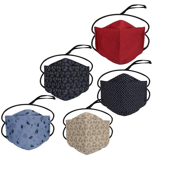 CENWELL HEADLOOP 3D Mask 100% Cotton Printed 6 Layer Face Mask with Adjustable Earloop & Ear Saver Strap for Men & Women, Breathable ,Reusable, Washable Designer Fabric Mask with Melt Blown Filter (Pack of 5)
