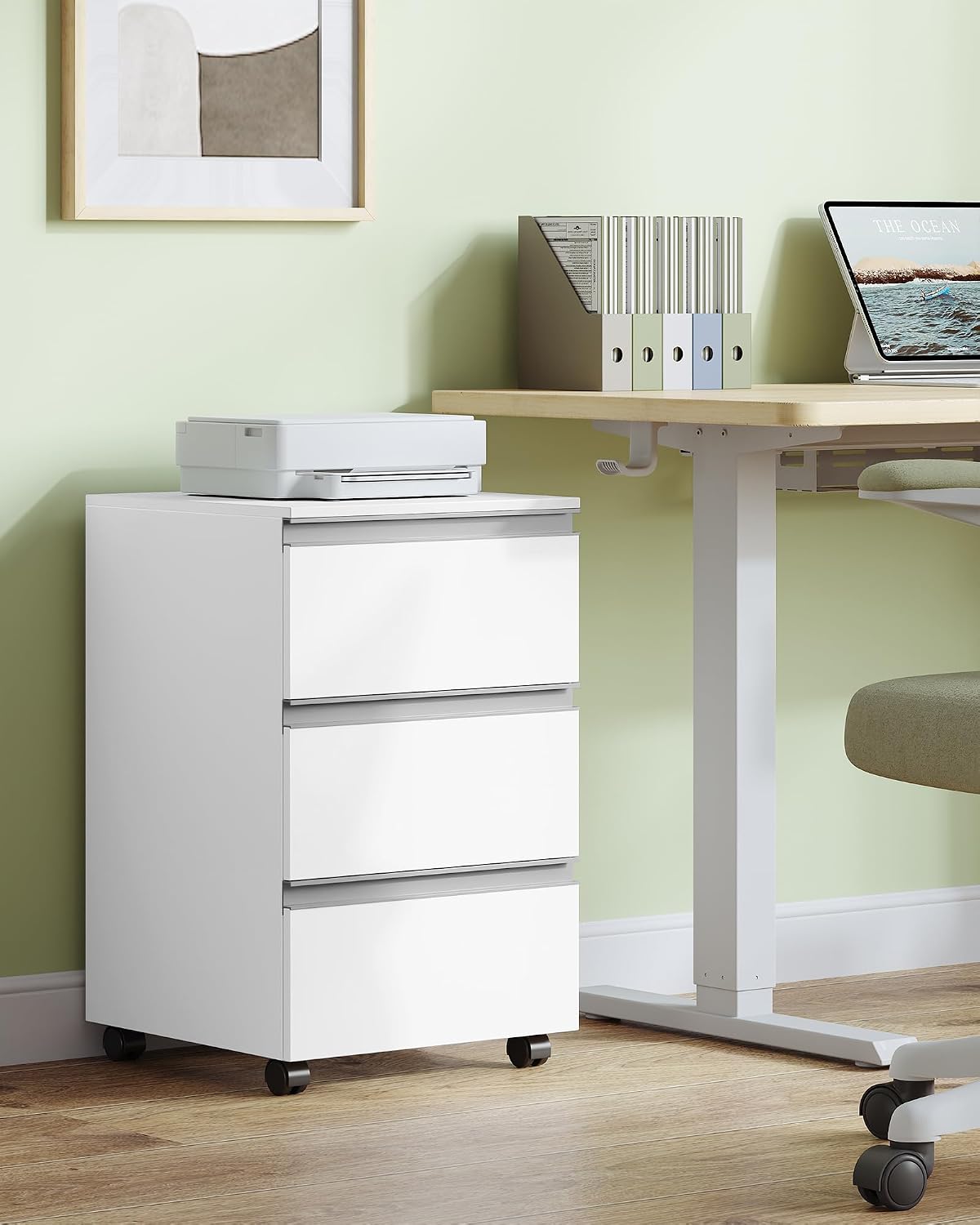 Hzuaneri Mobile File Cabinet in an office setting with a printer on top.