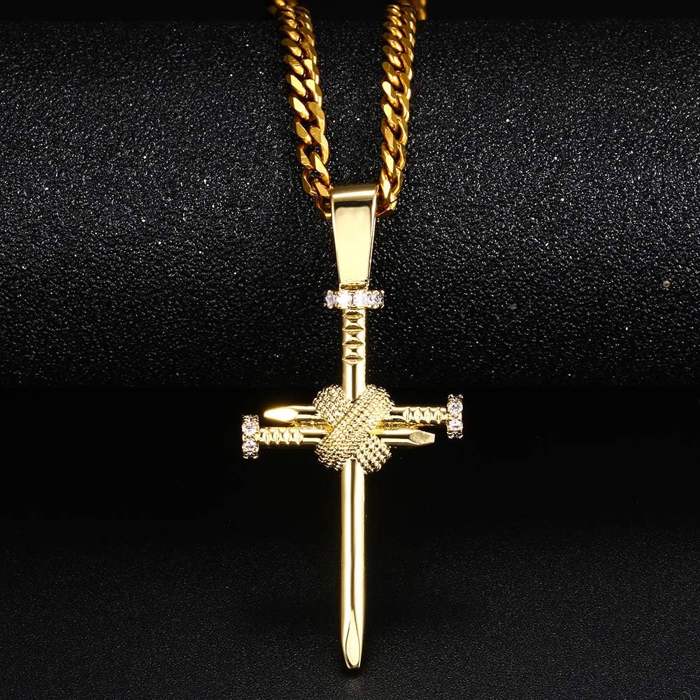 TUHE Hip Hop Nail Cross Faith Pendant Necklace for Men Women, 18K Gold Plated AAA CZ Iced Out Simulate Diamond Accents Bling Bling Charm Necklace with Stainless Steel Rope Chain in Platinum Plated