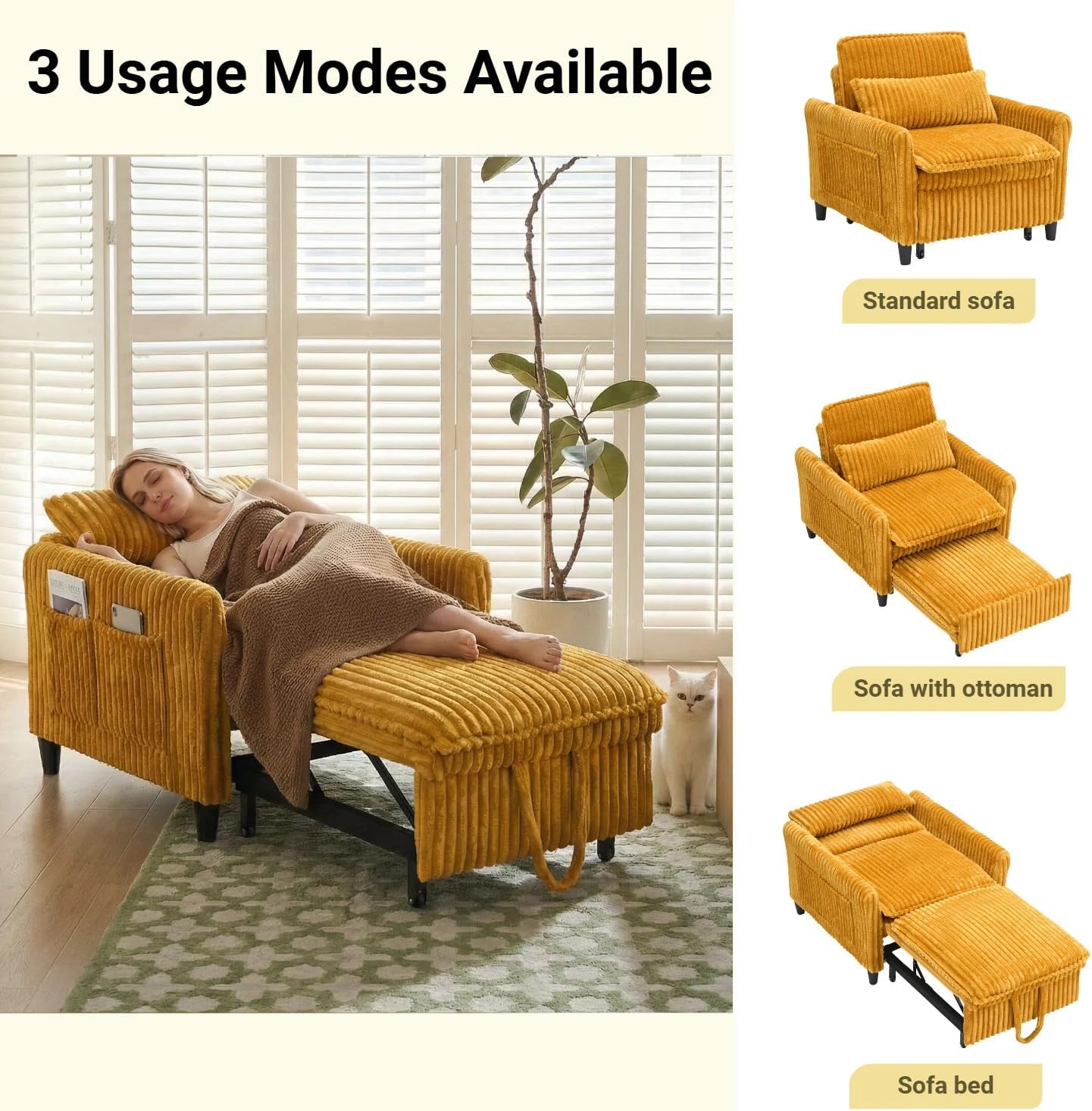 32" Wide Convertible Sleeper Chair,3-in-1 Pull Out Sofa Bed with Adjustable Backrest, Single Chair Bed with Side Storage Pockets | Space-Saving Couch for Small Spaces & Guest Use, Yellow