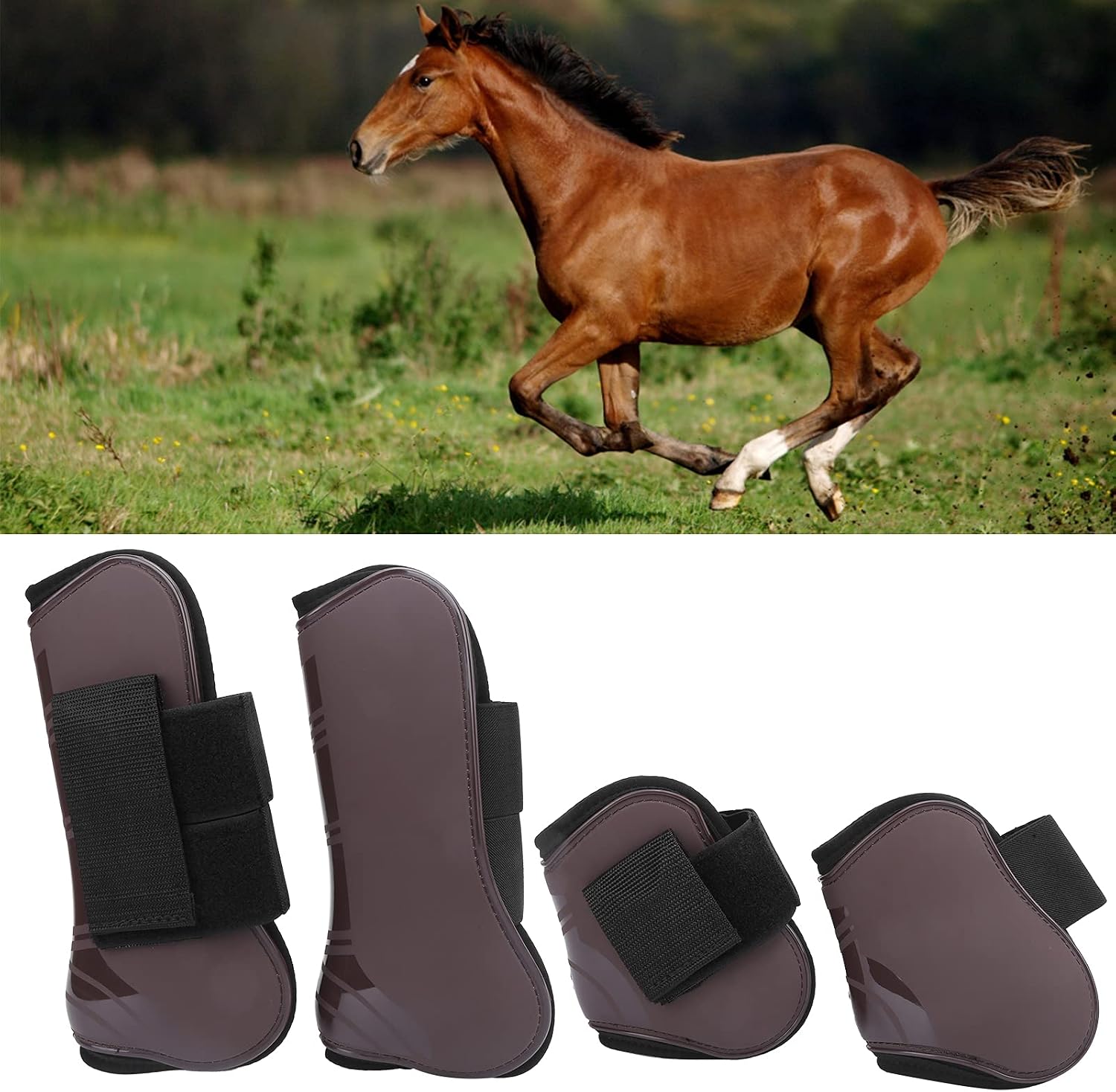 Splint Boots For Horses, Horse Boots PU Elastic Thickened Adjustable Horse Leg Protector with Nylon Hook Horse Tendon Boots Horse Leg Wraps For Jumping, Trail Riding (A set of four larger sizes) (A