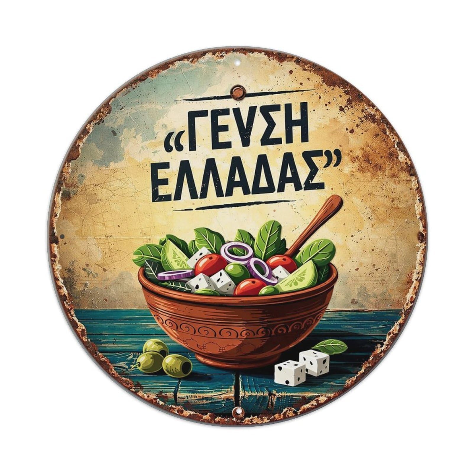 Greek Salad Bowl Artwork Vintage Round Tin Sign Retro Metal Wall Decor Metal Poster, Home Bar Garage Cafe Wall Art Decoration 8x8Inches