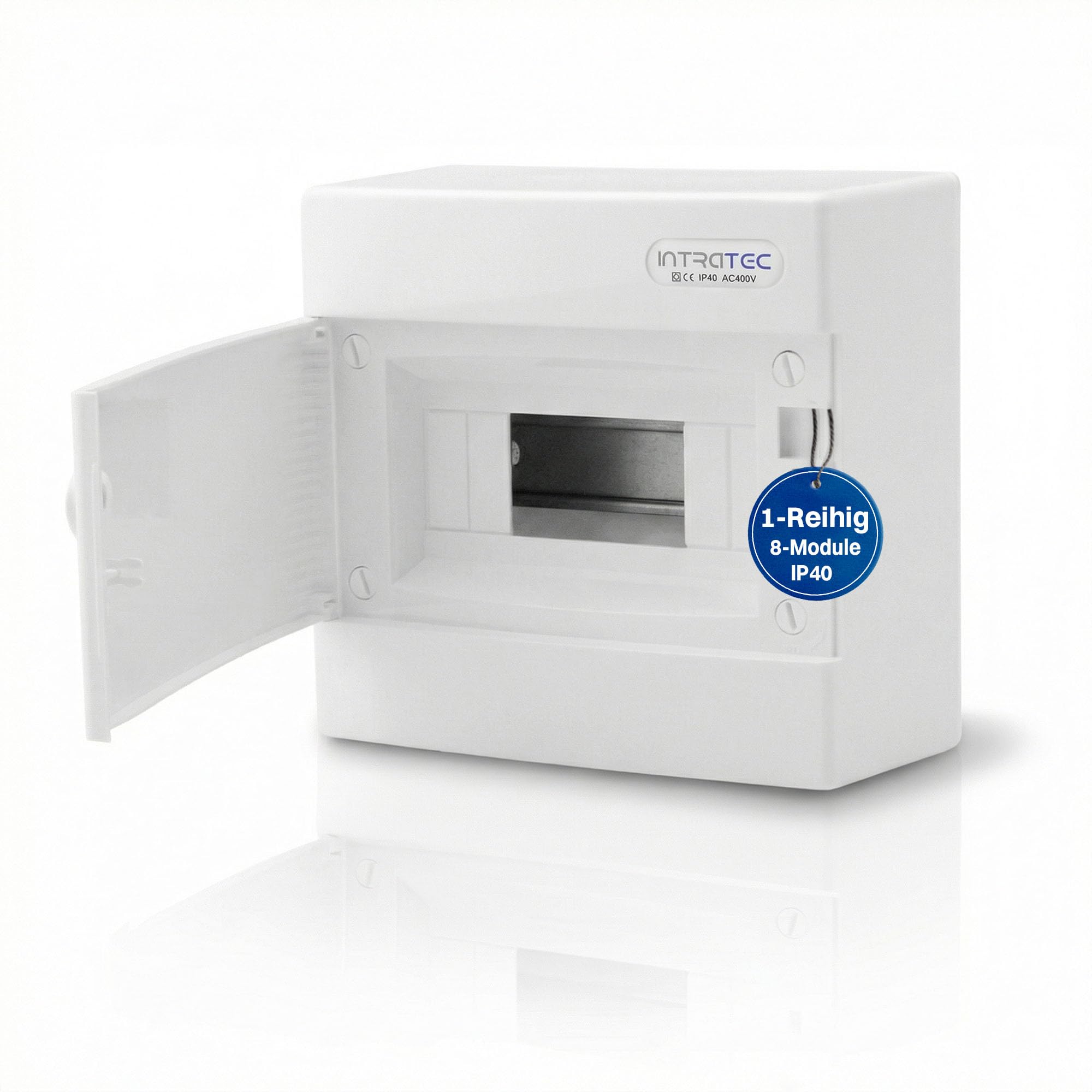 Intratec Sicherungskasten Aufputz 1 reihig – IP40 Verteilerkasten Aufputz Gehäuse für 8 Module mit weißer Tür für einfache Installation Zuhause & Gewerbe – 236 x 215 x 102mm