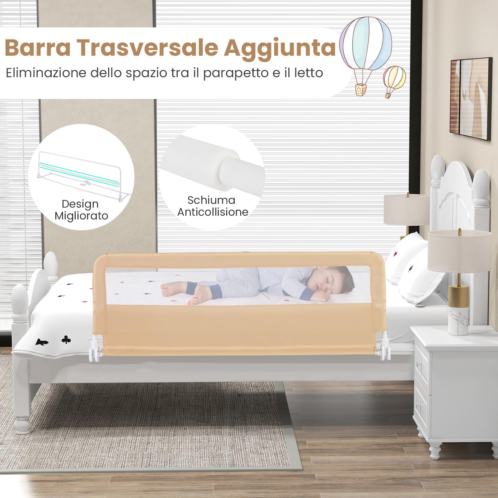 COSTWAY 150 cm Sponda da Letto per Bambini, Barra Protettiva Pieghevole per Letto con Copertura Removibile, Rete Traspirante, Barriera Universale Abbattibile, 150 x 55 cm (Beige)