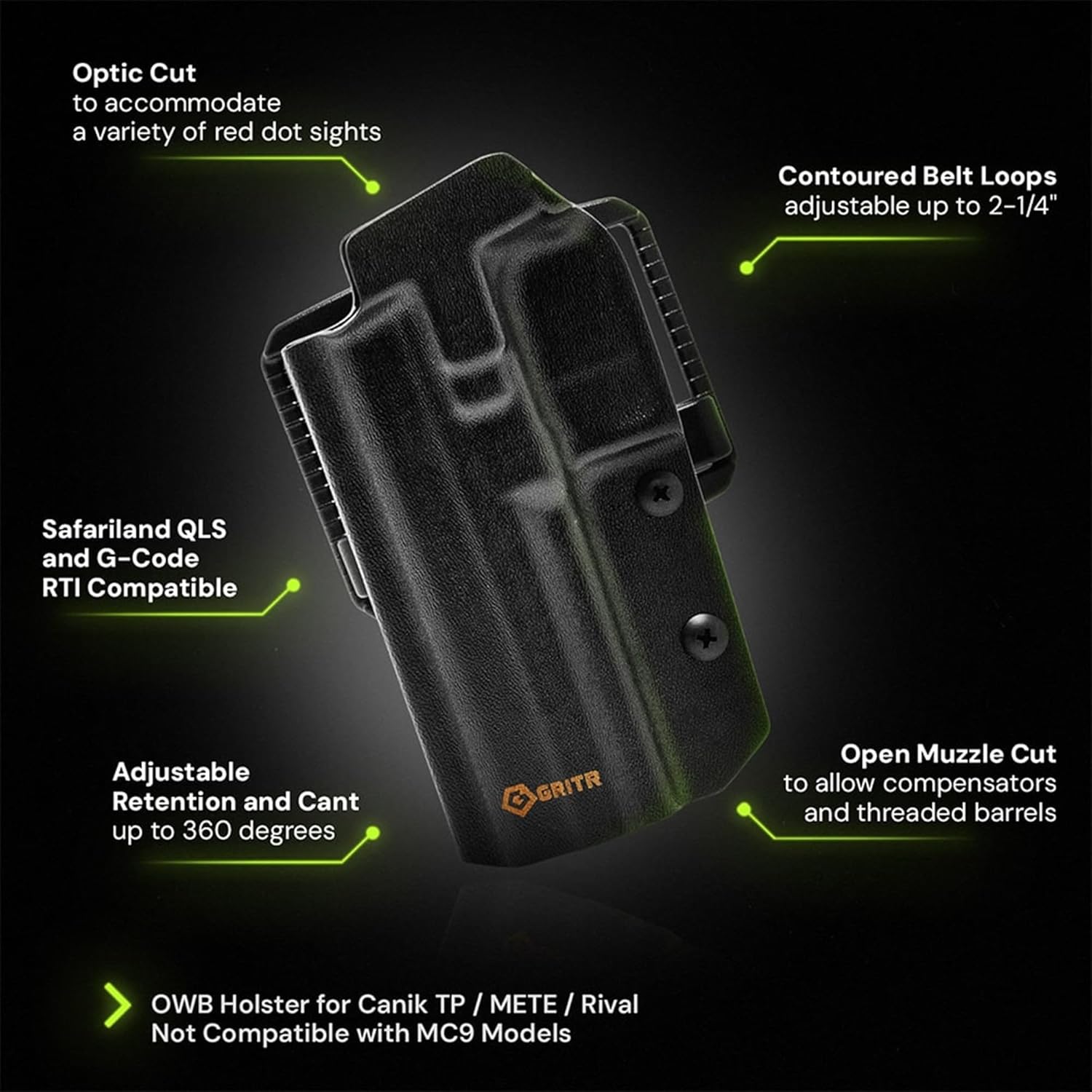 GRITR OWB Kydex RH/LH Gun Holster Fits Canik TP9/METE/RIVAL Series - Excluding MC9 Models - EDC Pistol Accessory w/Optic Cut, Adjustable Retention & Cant, Compatible w/Safariland QLS/G-Code RTI