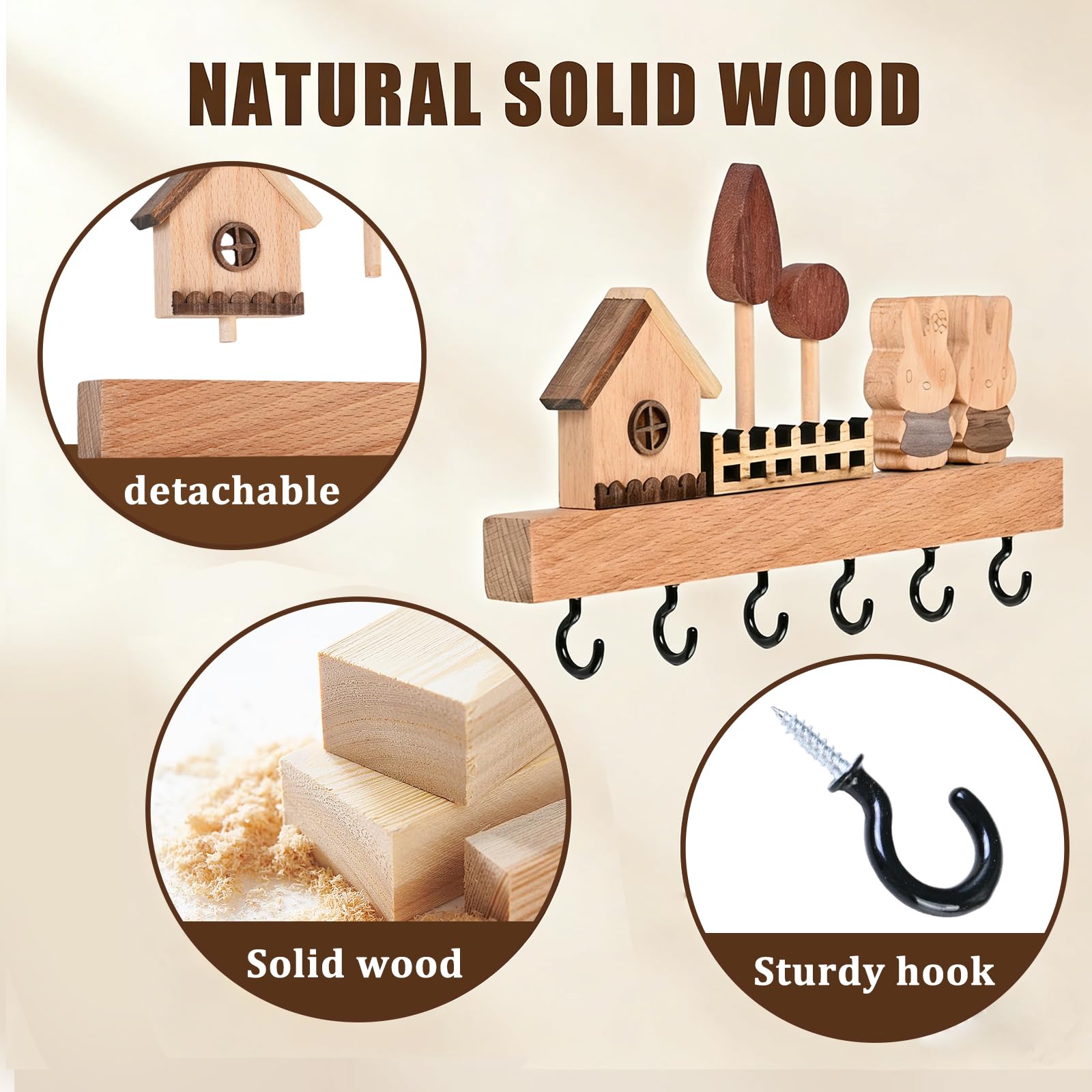 Portachiavi da Parete In Legno con 6 Ganci Rivestiti, Appendi Chiavi a Muro e Funzionale, Installabile Senza Chiodi con Colla Adesiva o con Foratura, Ideale per Casa, Ufficio