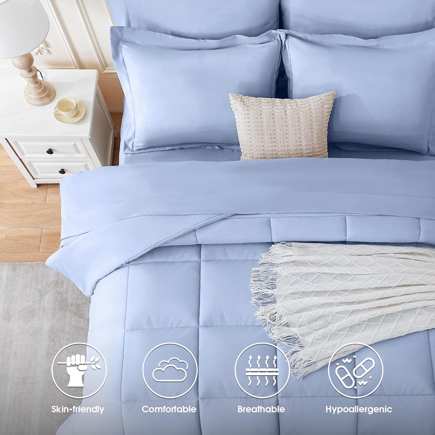 FreshCulture Twin XL Comforter Set – 5 Pieces All Season Luxury Bed in a Bag Twin XL Size – Bedding Set with Comforter, Sheets, Pillowcases & Shams – Ultra Soft Baby Blue Comforter Set Twin XL