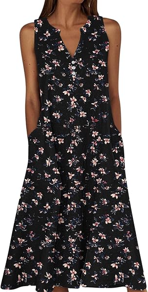 Summer Floral Print Midi Dresses for Women Boho Sleeveless V Neck Tank Dress Beach Vacation Sundress with Pockets - 1