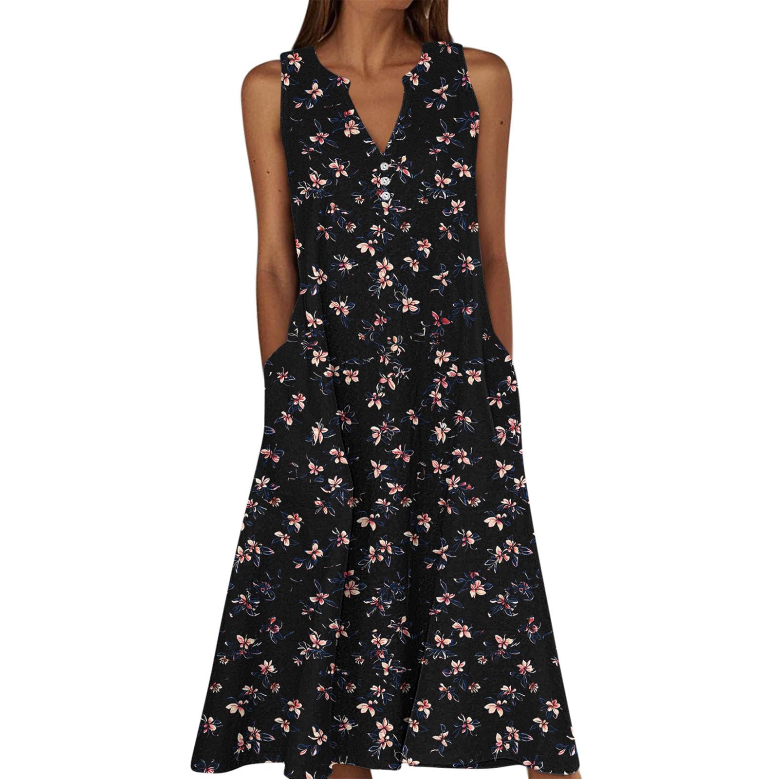 Summer Floral Print Midi Dresses for Women Boho Sleeveless V Neck Tank Dress Beach Vacation Sundress with Pockets