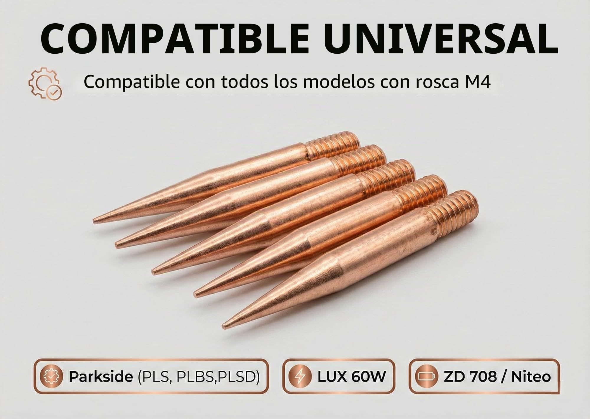 Puntas Soldador Estaño de 5 Piezas – 99,99% cobre puro | Rosca M4 – Forma Precisa – sin Recubrimiento – Compatible con Parkside, LUX, ZD, Niteo – Extra duraderas