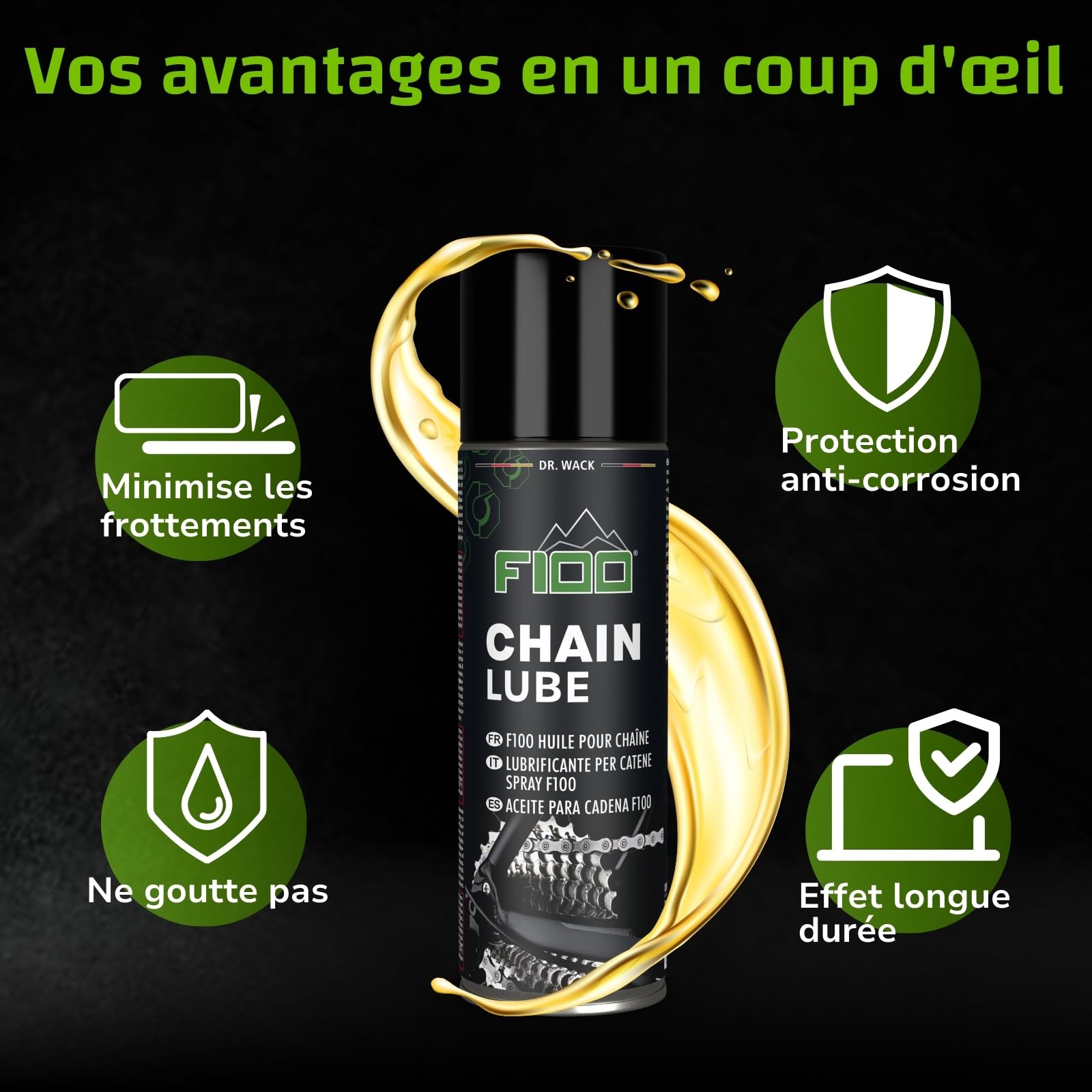 Dr. Wack - F100 Chain Lube - Lubrifiant pour Chaîne de Vélo - Protection Extra Longue contre Usure et Corrosion - Fabriqué en Allemagne - Spray 300 ml