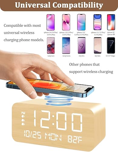 Miniatura 3 de JALL Reloj despertador digital, con pantalla LED electrónica de madera, 3 ajustes de alarma, carga inalámbrica de 10 W, día de la semana, detección