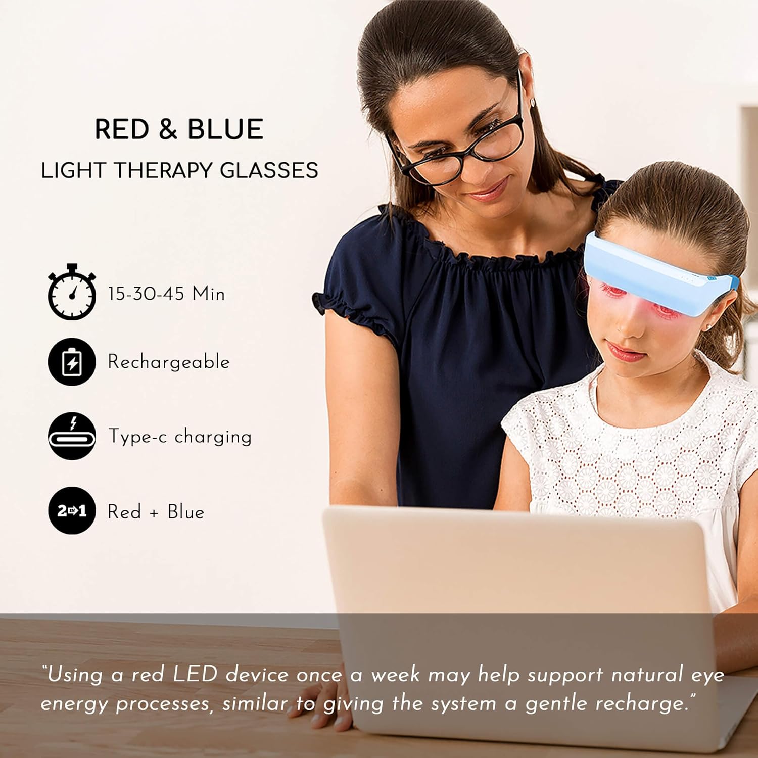 Red & Blue Light Therapy Glasses – 670nm Red Light for Eye Comfort & Visual Wellness, 480nm Blue Light for Energy, Mood & Sleep Support – Wearable Light Therapy Eyewear with Timer