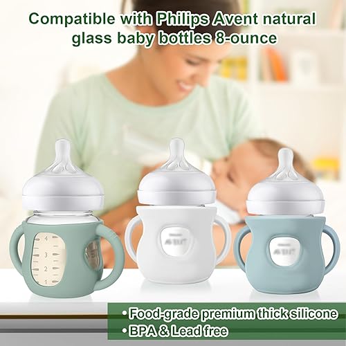 Miniatura 5 de Juome Fundas de silicona con asas para biberón de vidrio natural Avent - Paquete de 3 soportes para biberones antiroturas compatibles con biberones