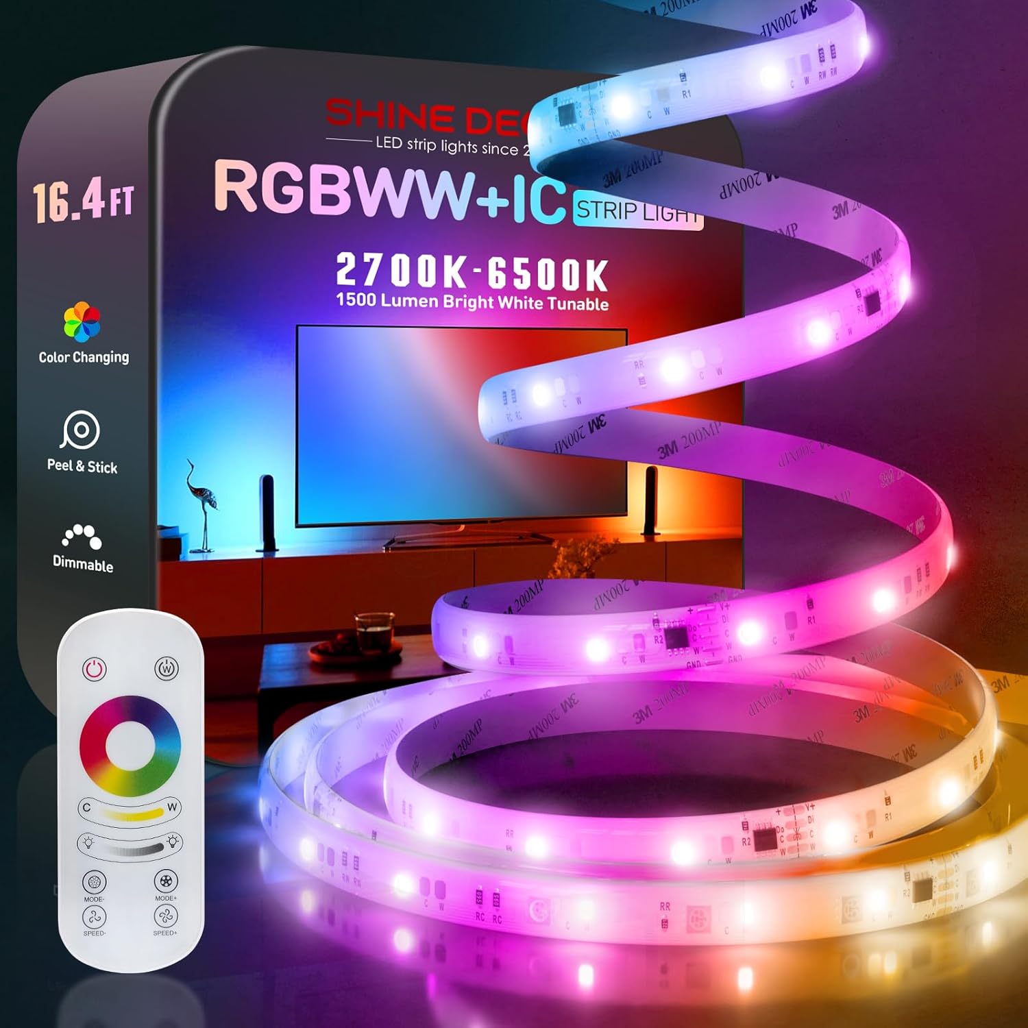 Shine Decor LED Strip Light RGBWW +CCT +IC, Multi Functions Warm/Cool White Tunable Bright Dimmable Color Chasing, Flexible Adhesive 16.4FT with Remote & 24V ETL Power for Indoor