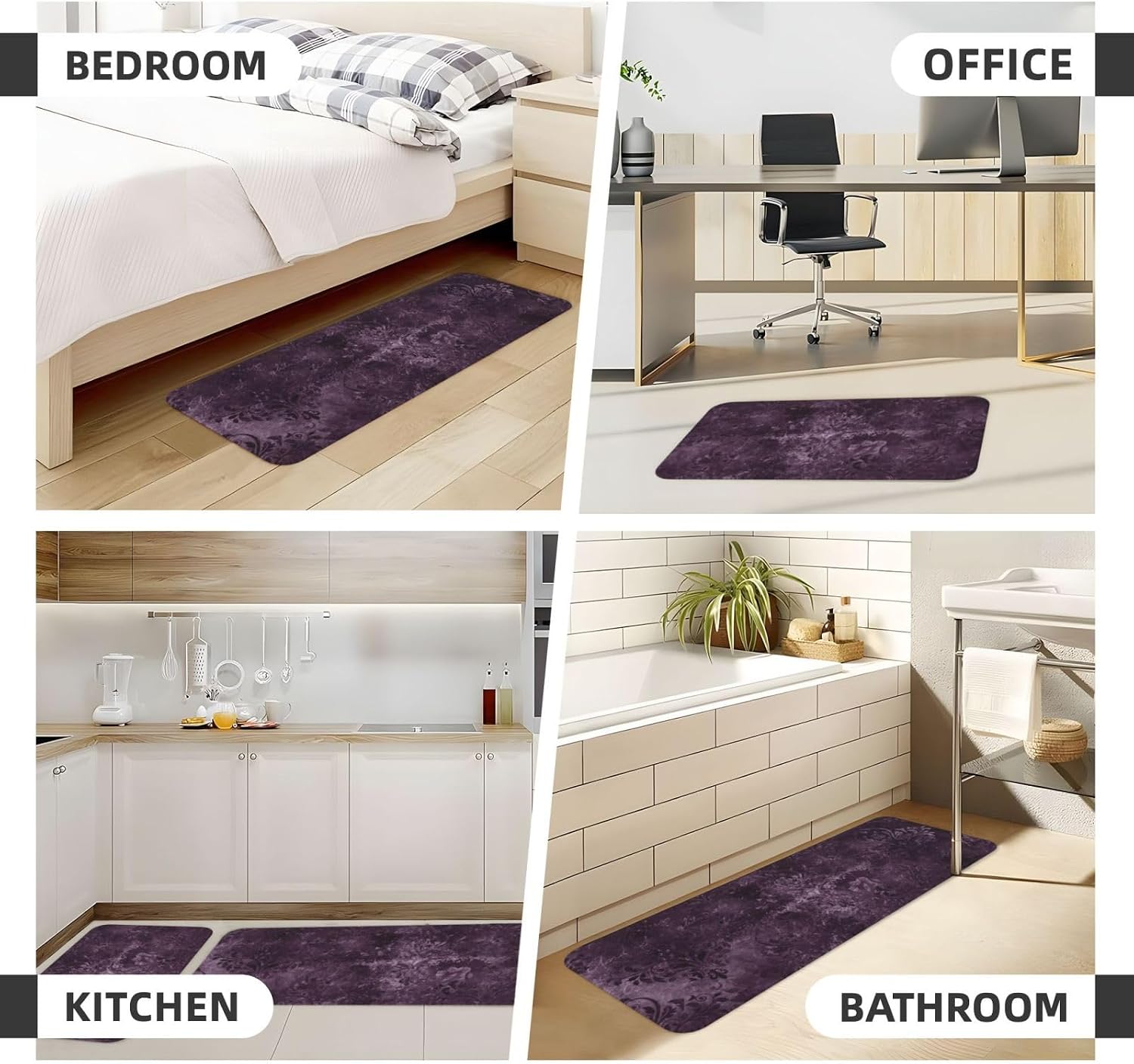 Eggplant Velvet Damask Plum Purple Floral Kitchen Mats Set of 2, Home Decor Kitchen Rugs for Floor - 17x29 and 17x47 Inch