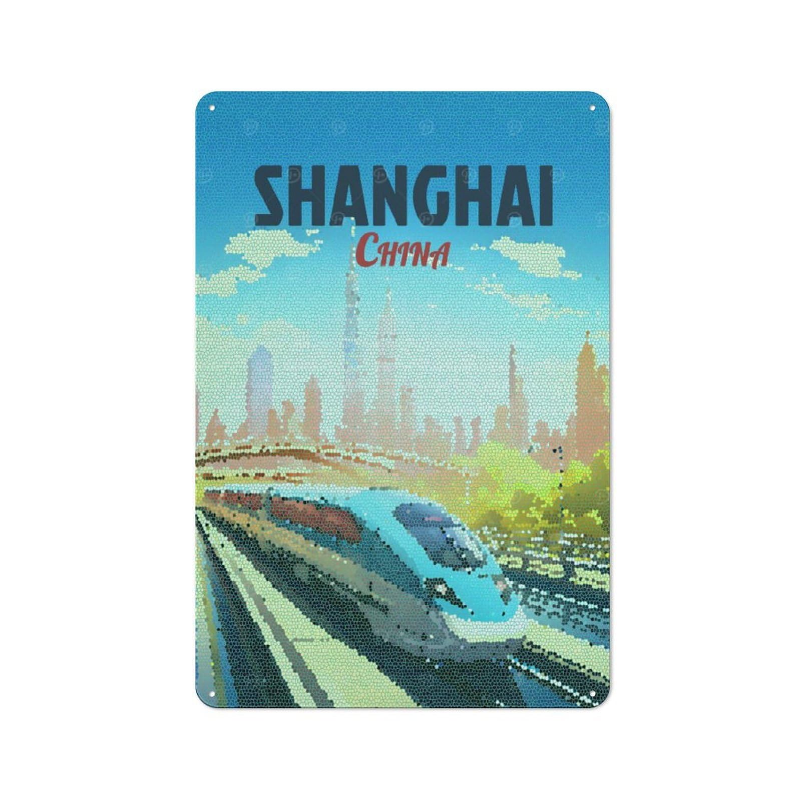 Junmoney Style-14 Shanghai China Mosaic Travel Vintage Tin Wall Plaque 30X20cm For Home Bar Wall, For Vintage Wall Decor Fans, For Home Office And Studio Walls